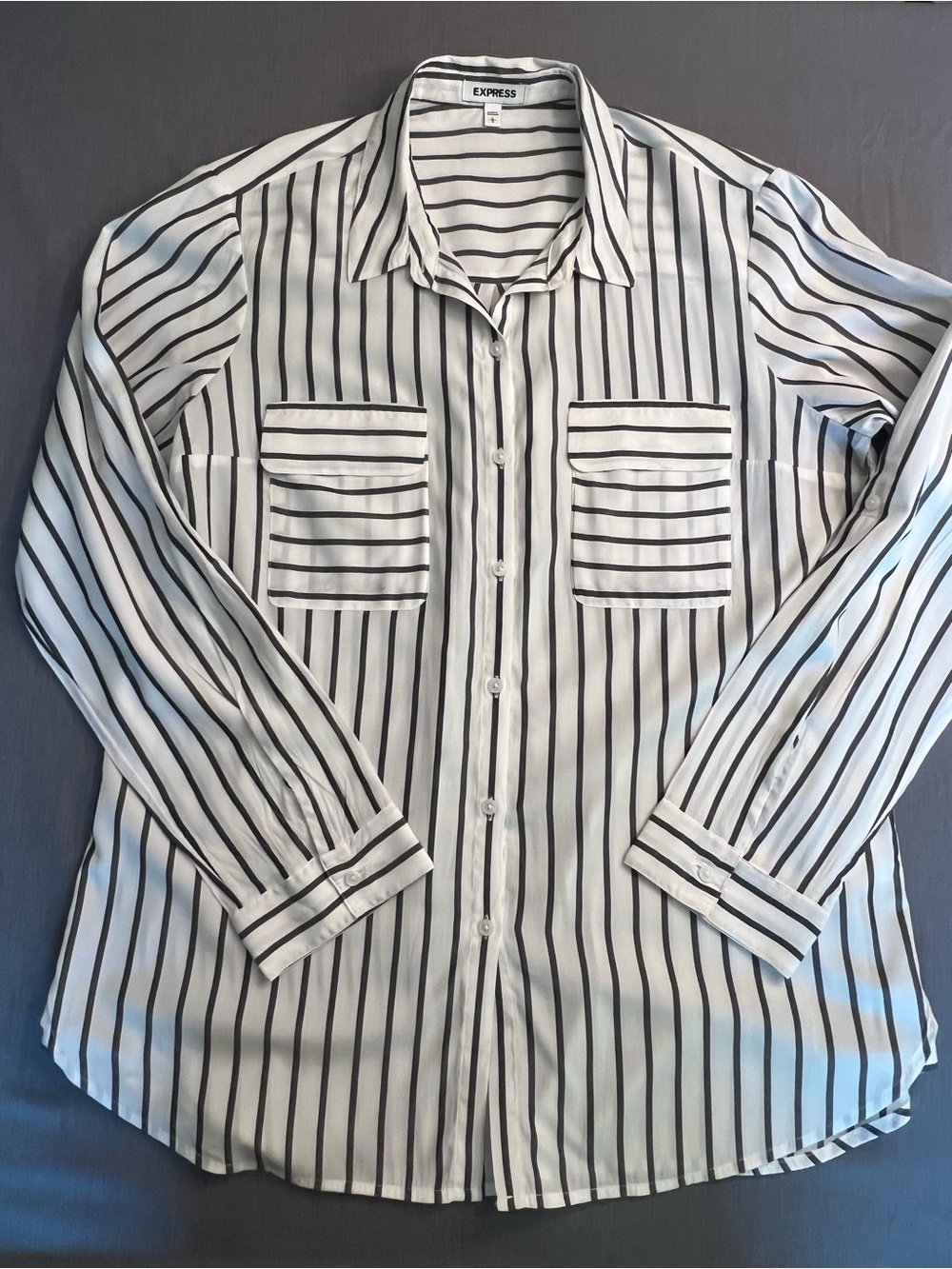 Express Women’s Black-and-White Vertical Stripe Button-Down Shirt